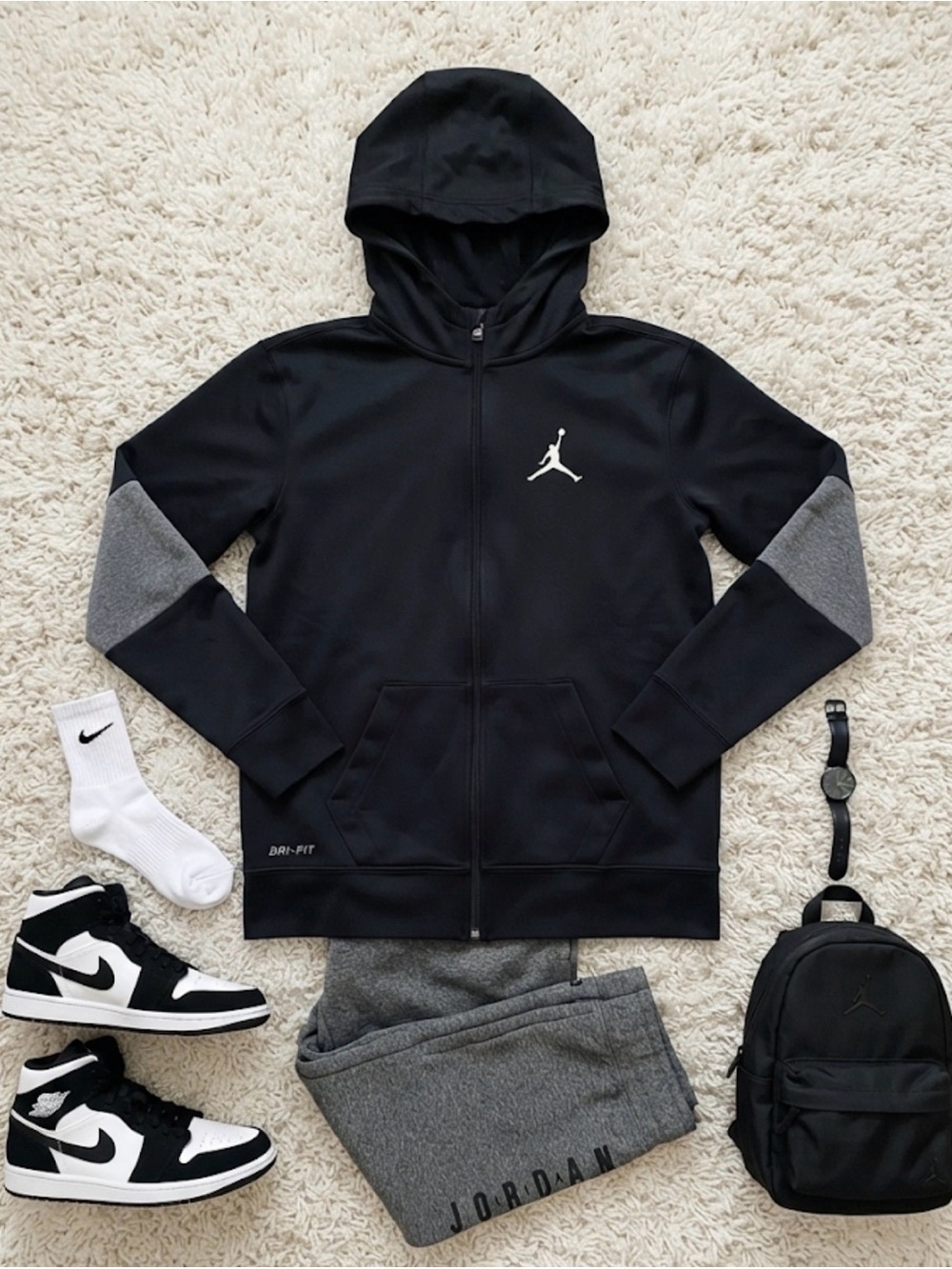 Air Jordan Black Hoodie with Gray Elbow Panels And Pants